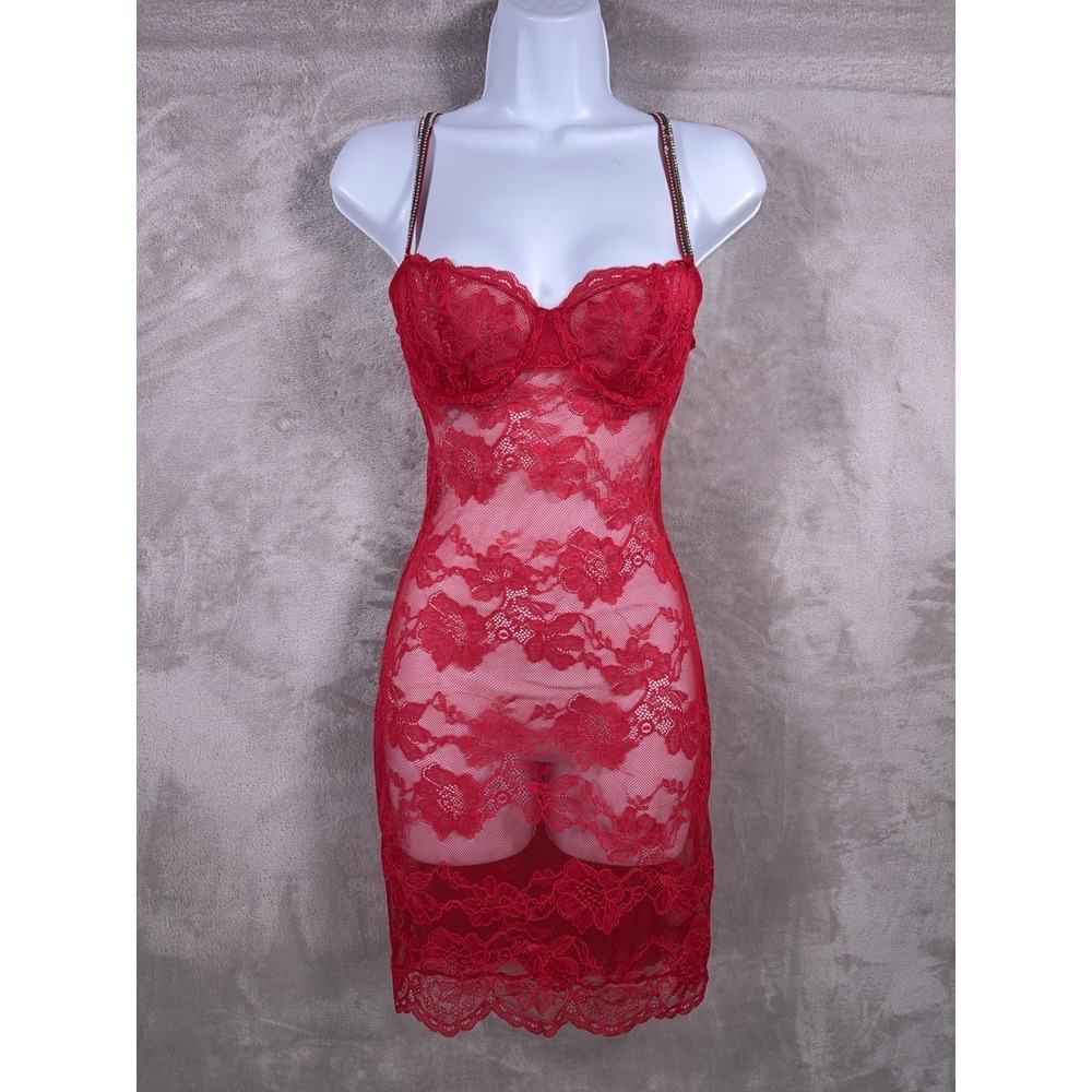 Victoria's‎ Secret Lace Chemise Slip Dress Womens Red Sheer Floral Lingerie